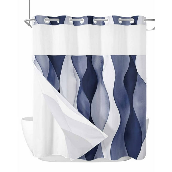 No Hook Cloth Fabric Shower Curtain with Snap in Liner, Navy Blue Waterproof Shower Curtains Set with See Through Top Window, Modern Moire Abstract Ripple Geometric Bath Curtains Shower 72"x72"
