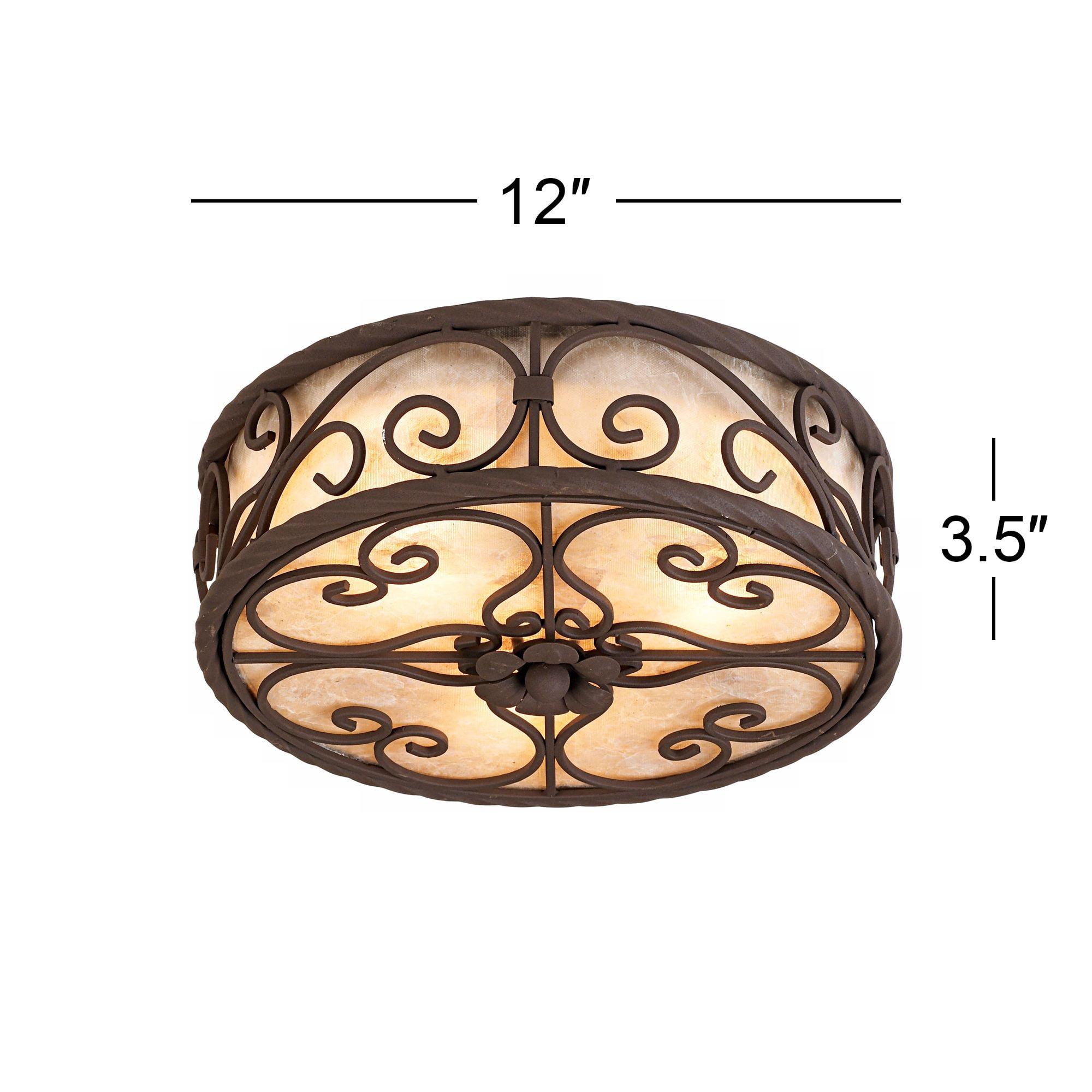 John Timberland Natural Mica Rustic Ceiling Light Flush Mount Fixture 12" Wide Dark Walnut Scroll 3-Light Drum Shade for Bedroom Kitchen Living Room