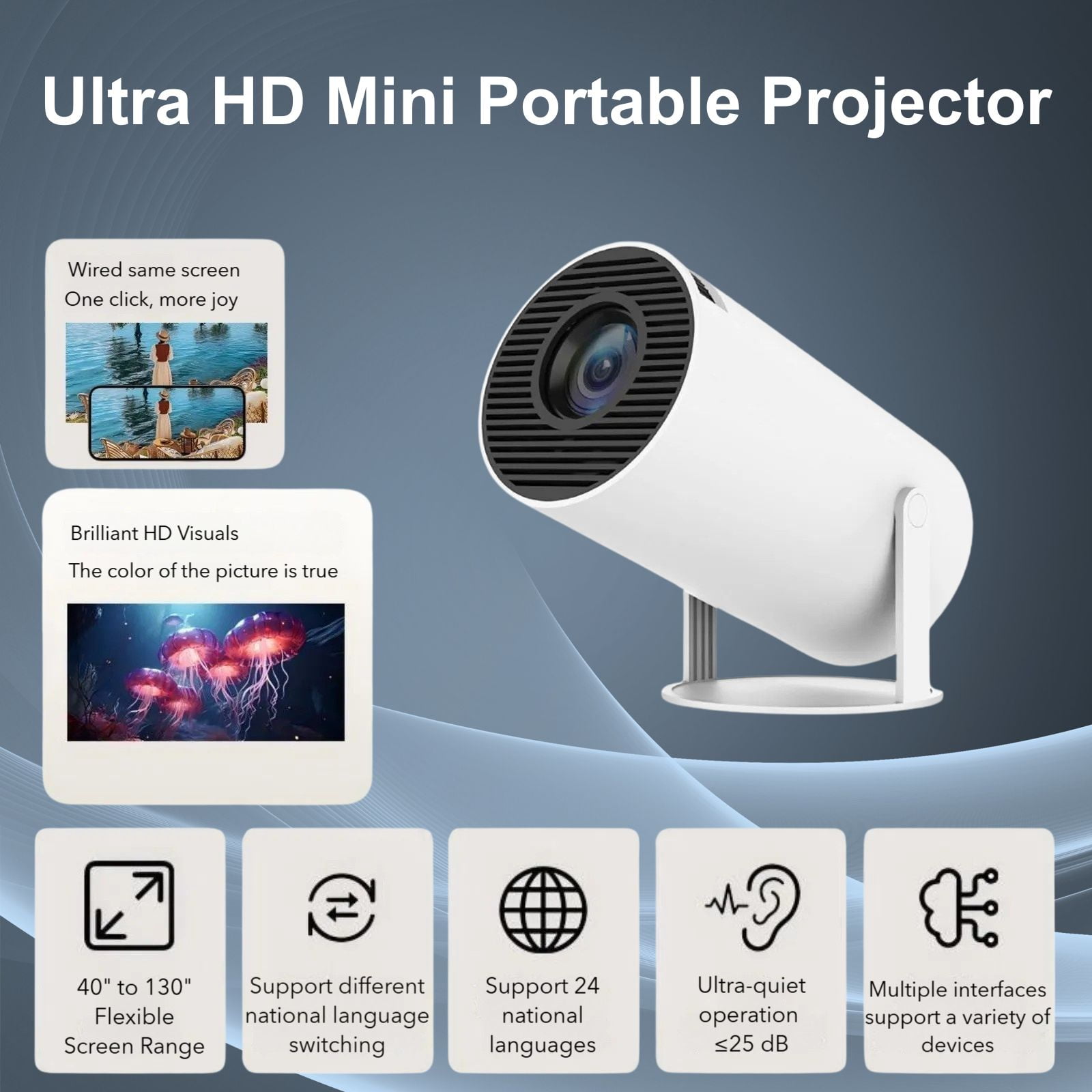 Lumi Beam Projector, 4K UHD LumiBeam Portable Projector with WiFi and Bluetooth, 180° Rotatable Auto Keystone Correction, Eye-Friendly Design, for Reading, Playing, Home Theater