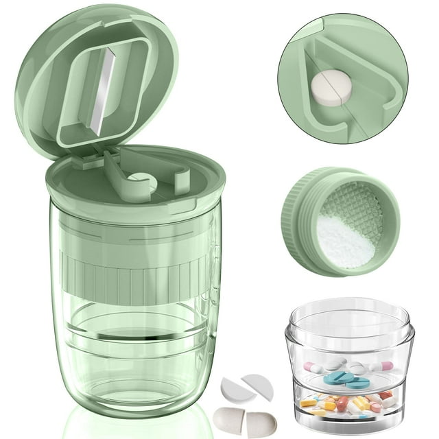 WJCA Multi-Function Pill Cutter with Dispenser & Cup, Splits and Crushes Vitamins Tablets, Stainless Steel Blade, Green