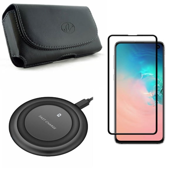 Galaxy S10e Case Belt Clip w Wireless Charger w Screen Protector - Leather Holster Cover, Fast 7.5W and 10W Charging Pad, Tempered Glass 5D Curved Edge for Samsung Galaxy S10e Phone