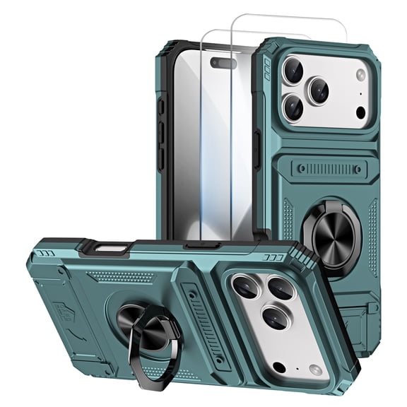 Allytechgroup for iPhone 17 Pro Case with 2 Pcs Screen Protector, Rugged Magnetic Back Cover Compatible with Car Mount Ring Holder Kickstand Card Slot Hard Shell Case for Women Men, Green