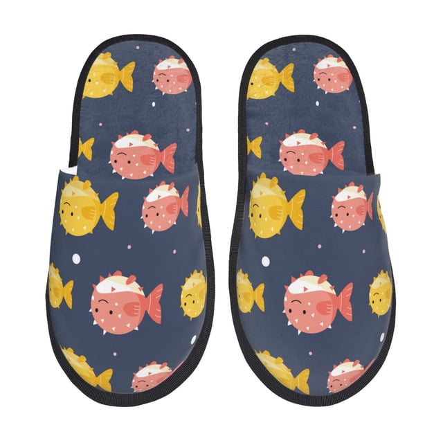 Balery Cute Puffer Fish Pantuflas de Casa de Felpa Silenciosas con Diseño Estampado, Zapatillas Cómodas Antideslizantes de Algodón para Interior-Medium