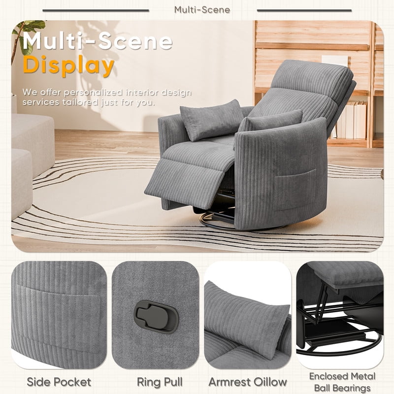 Homall 360° Swivel Nursery Recliner Power Swivel Rocker Recliner Chair with 2 Pillows Comfy High Back Adult Glider Rocker for Living Room,Corduroy Gray