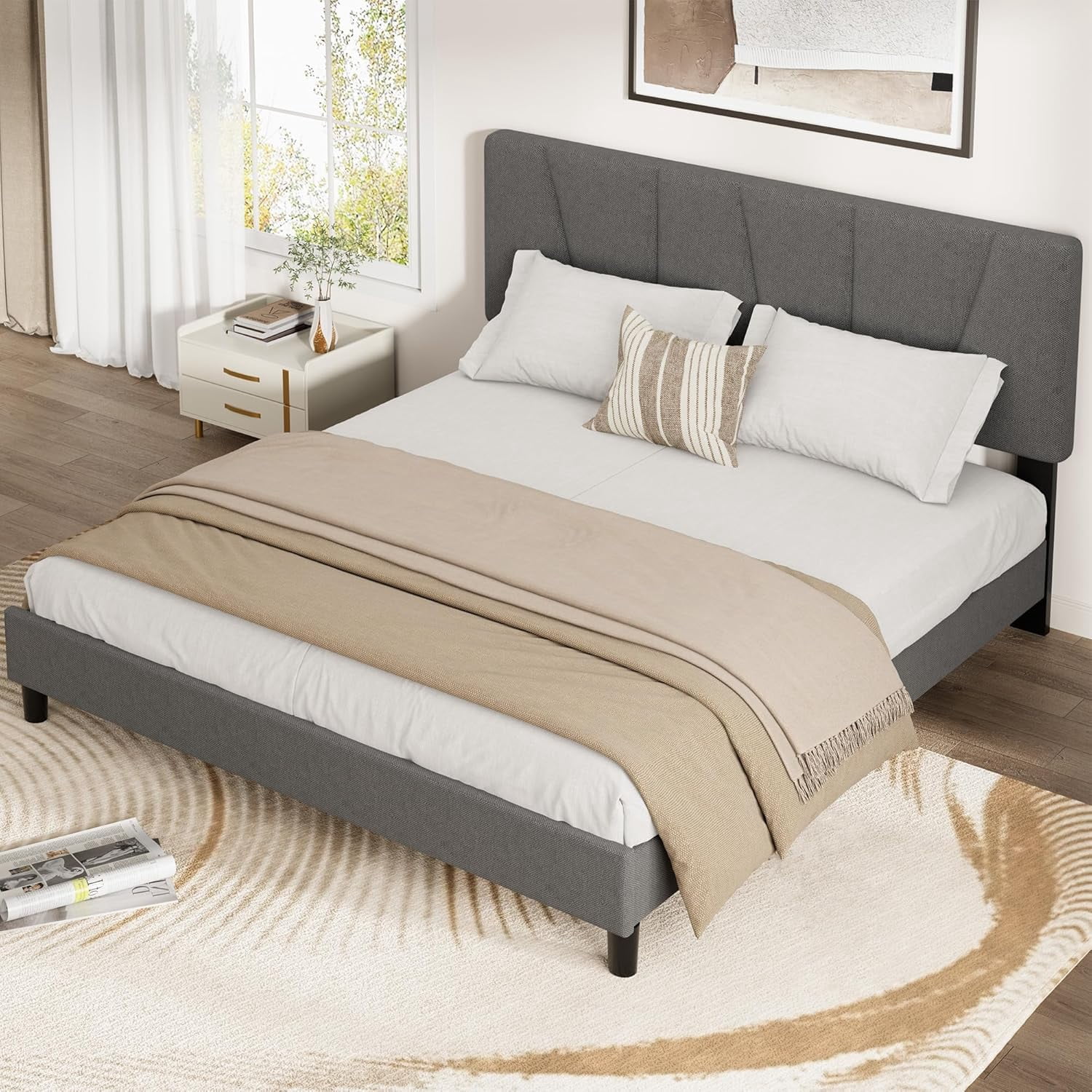 Queen Size Bed Frame with Adjustable Headboard, Linen Upholstered Queen Platform Bedframe with Strong Wooden Slats, Mattress Foundation, No Box Spring Needed, Easy Assembly
