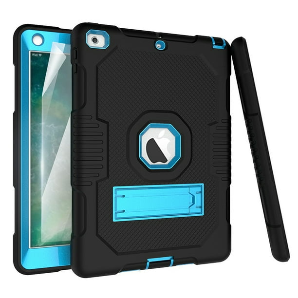 Dteck iPad 6th Generation Case with PET Screen Protector, Kids For 5th Gen with Pencil Holder, Heavy Duty Rugged Dropproof Shockproof Case Kickstand Cover, Black+Blue - Walmart.com