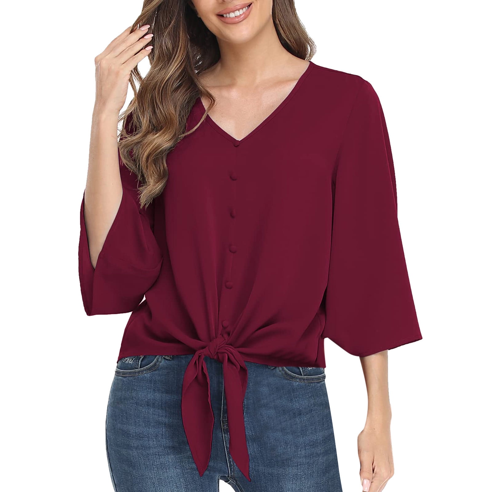 Womens Tops Blouse Bouton V Cou Trois Quarts Manches Evasee Noeud Chemise en Vrac Chemise d Ete Top Chemise Walmart