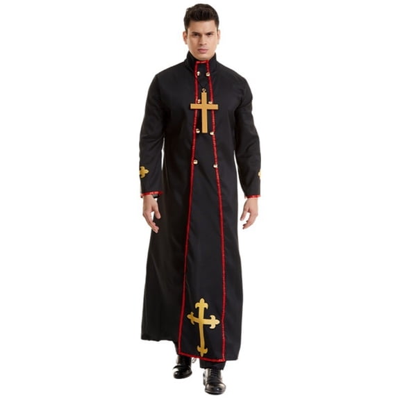 Red-Trimmed Priest Robe for Women & Men, Halloween Long Cassock with Gold Cross & High Collar — Unisex Adult Clergy Costume for Cosplay & Stage Play Black L