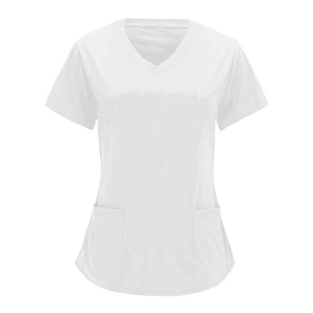 

QAZXD Womens V Neck Medical Nursing Uniform Solid Short Sleeve Scrub Tops with Two Pockets XXL