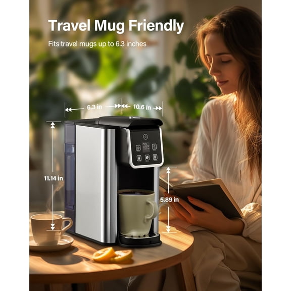 Single Serve Coffee Maker, Hot and Iced Coffee Machine for K Cup Pods & Ground Coffee, 6 to 14 Oz Brew Sizes, with 50 oz Large Water Tank, Removable Drip Tray, Stainless Steel