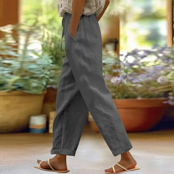 Gray Linen Pants Women Solid Straight Solid Elastic Pants Long Linen Women Waist Cotton Casual Slit Trouser Legs Pants