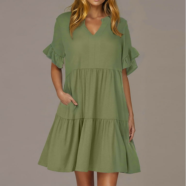 olive green beach dress Montret Davi & Dani Multi Color Wavy Tie Waist Flowy Sleeve Dress Sage Multi / L main image 0