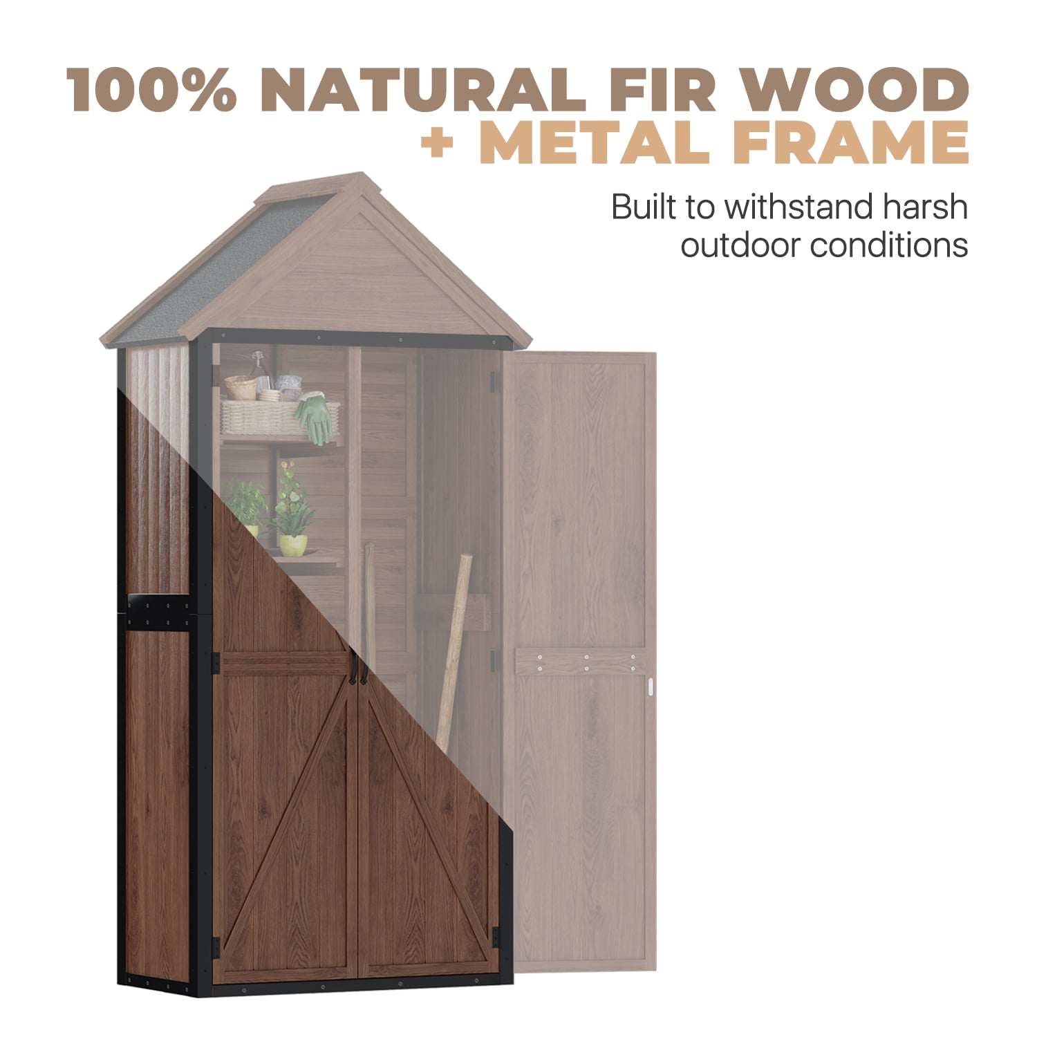 BaPiPro Outdoor Storage Cabinet, Weatherproof Small Storage Shed with Shelves, 20 Cu.ft Wood and Metal Shed for Backyard, Garden, Patio