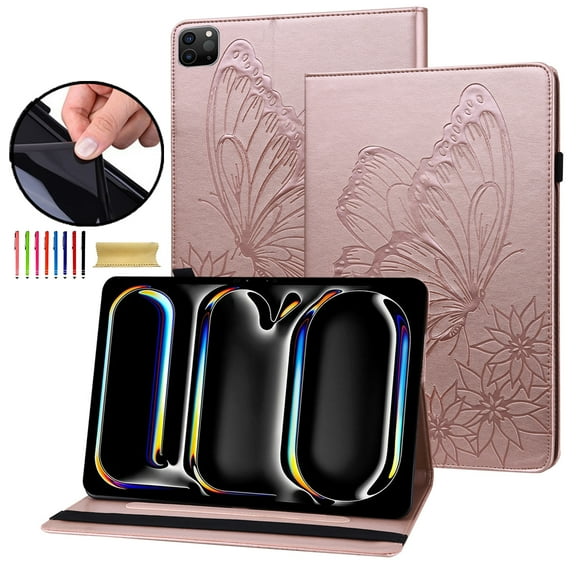 Allytechgroup iPad Pro 11 Case Cover, Stylish Big Butterfly Design PU Leather Smart Cover Auto Sleep Wake Pencil Holder Flip Stand Shockproof Bumper Case for Apple iPad Pro 11" 2024 M4, Rosegold