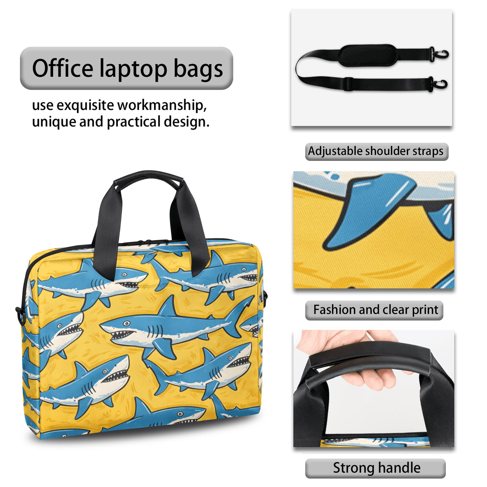 Herdesigns Shark Laptop Bag for Women Men, Computer Case Briefcase Messenger Bags, 15-15.6 inch Laptop Sleeve Shoulder Bag
