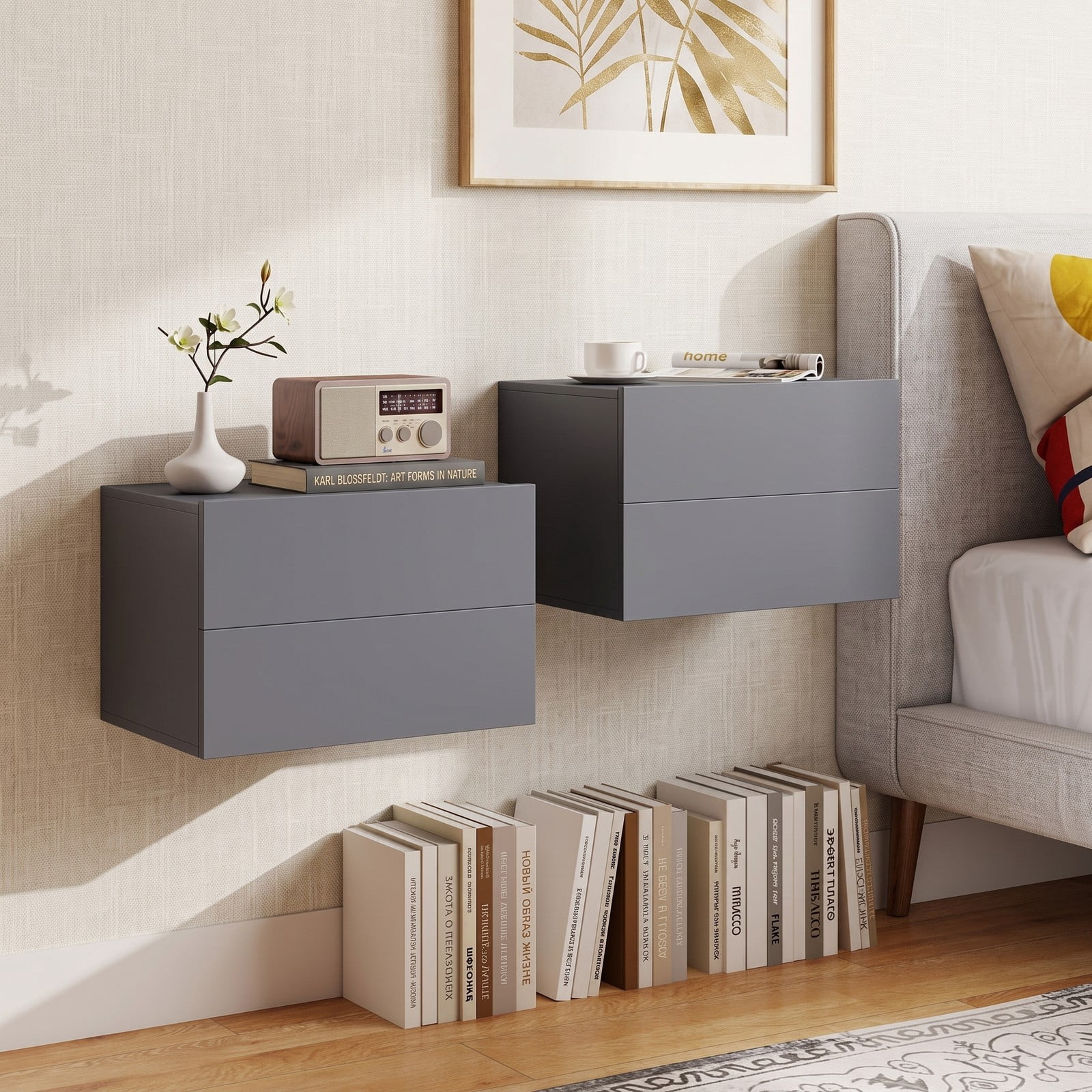 Furnibear Floating Nightstand with 2 Storage Drawers, Wall-mounted Bedside Table with Minimalist Design for Bedroom and Living Room, Gray