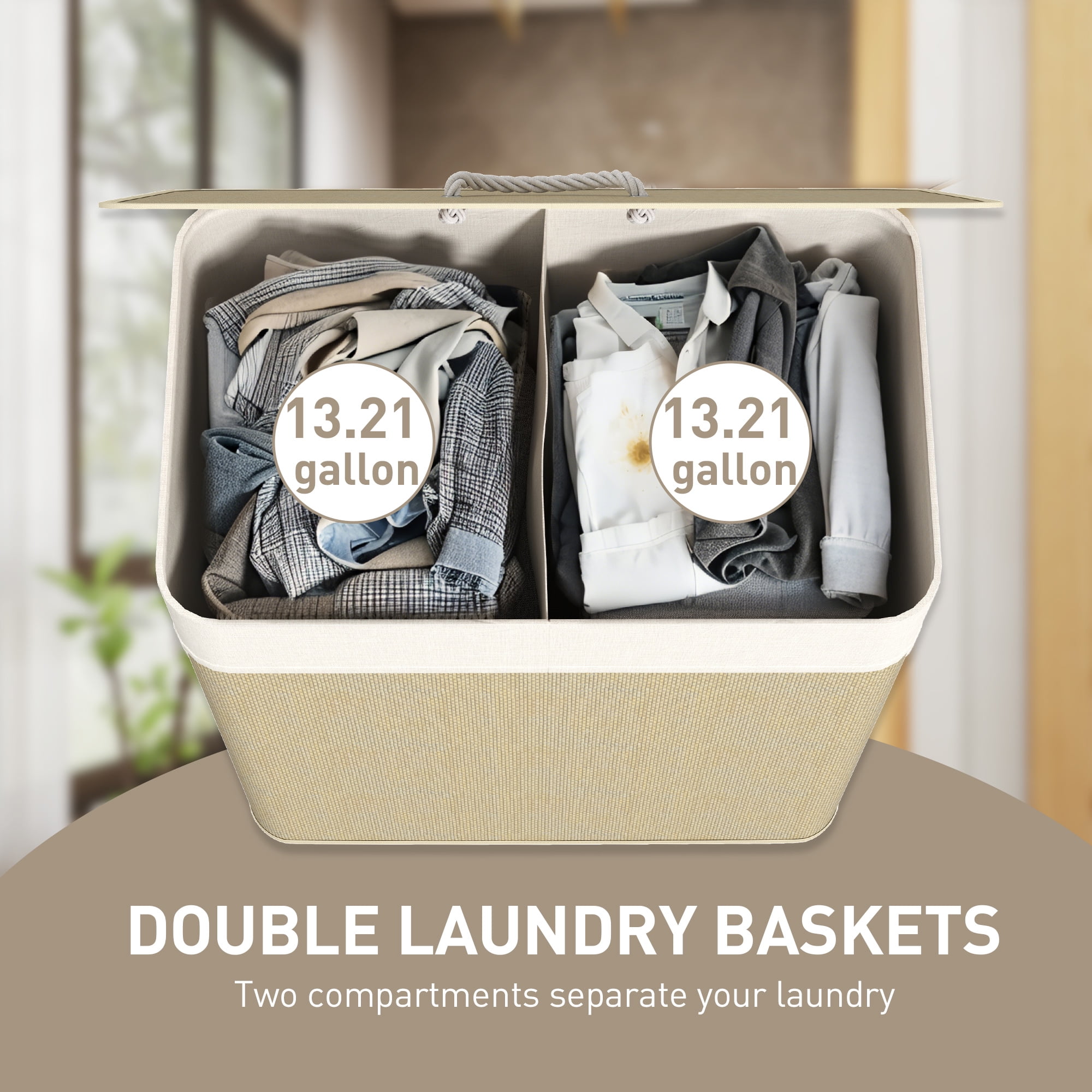 HOMCOM Double Laundry Basket with Lid, 26.4 Gallon Bamboo Laundry Hamper with Rope Handles, Clothes Hamper with Removable Liner for Bedroom, Natural