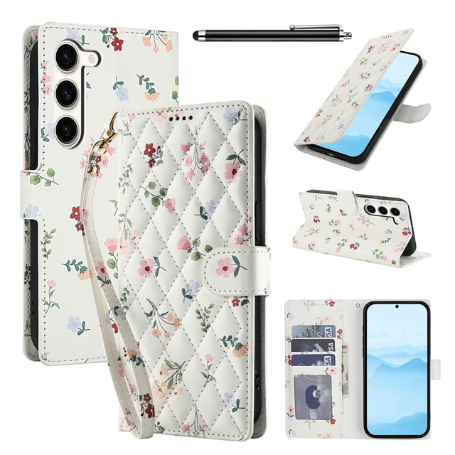 Wallet Case for Samsung Galaxy S23 Plus , PU Leather Phone Cover Kickstand RFID Blocking Flip Case Card Slots Wrist Strap Relief Engraved Pattern Magnetic With Stylus Pen, Pink Flower