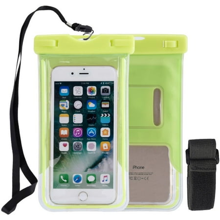 Transparent Vinyl Lanyard - WaterProof Phone Pouch, Universal Waterproof Phone Case Transparent Pouch Glows in Dark Dry Bag With Arm Band Function for Apple iPhone 8, iPhone 8 Plus - Neon Green, Lanyard, Armband, Reflective