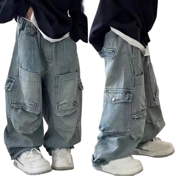 shqvo Boys Jeans High Waisted Elastic Waist Loose Denim Pants Boy Loose Casual Baggy Fashion Long Trousers Streetwear with Pockets Blue 5-6 Years
