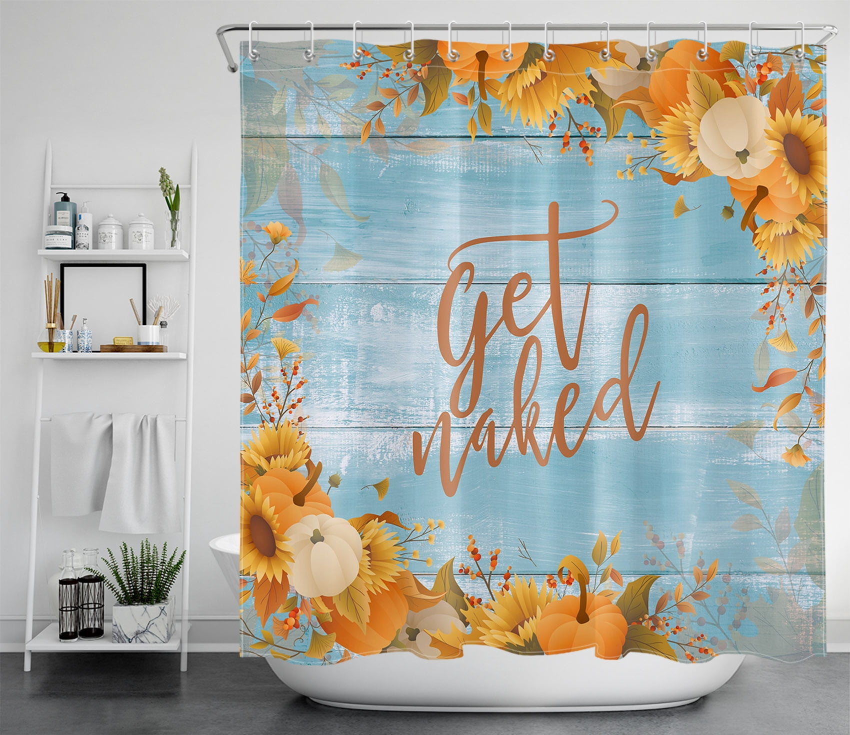 HVEST Autumn Theme Get Naked Shower Curtain, Vintage Fall Pumpkin Sunflower and Funny Quotes on Rustic Teal Wooden Shower Curtains for Bathroom, Waterproof Fabric Bathroom Decor with Hooks, 72x78 Inch