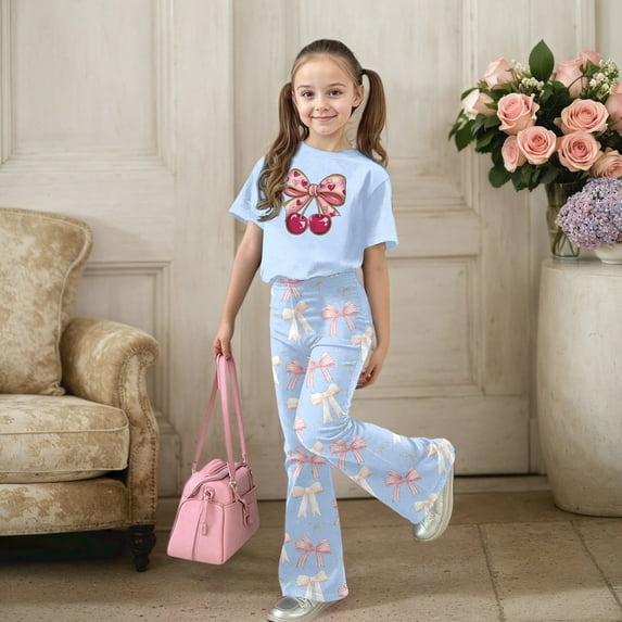 Laipiong Girls Outfits 2 Piece Valentine's Day Cute Cherry Bow Printed Short Sleeve Top with Flare Leg Pants Toddler Matching Sets