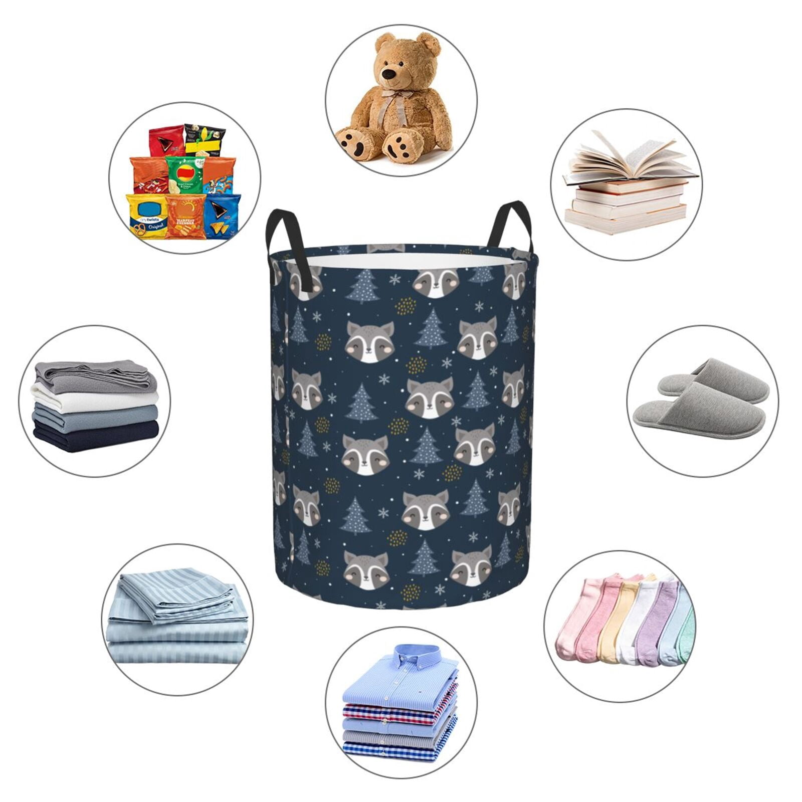 Large Laundry Basket with Handles - Cute Christmas Tree Raccoon Kids Baby Dirty Clothes Laundry Hamper for Bedroom Aesthetic