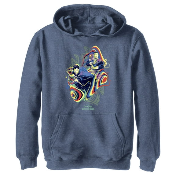 Boy's Marvel Doctor Strange in the Multiverse of Madness Groovy Magic  Pull Over Hoodie Navy Blue Heather X Large