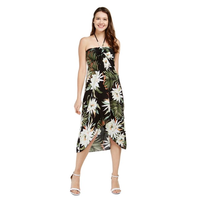 Femmes Hawaïenne Luau Licou Imprimé Floral Licou Robe S Cereus Wispy Noir