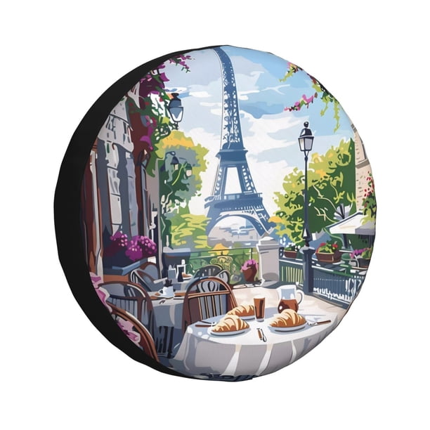 Fotbe Parisian Cafe With Eiffel Funda de Llanta de Repuesto con Estampado, Engrosada, Ajuste Universal para Jeep, Remolque, RV, SUV, Camión-15 inch