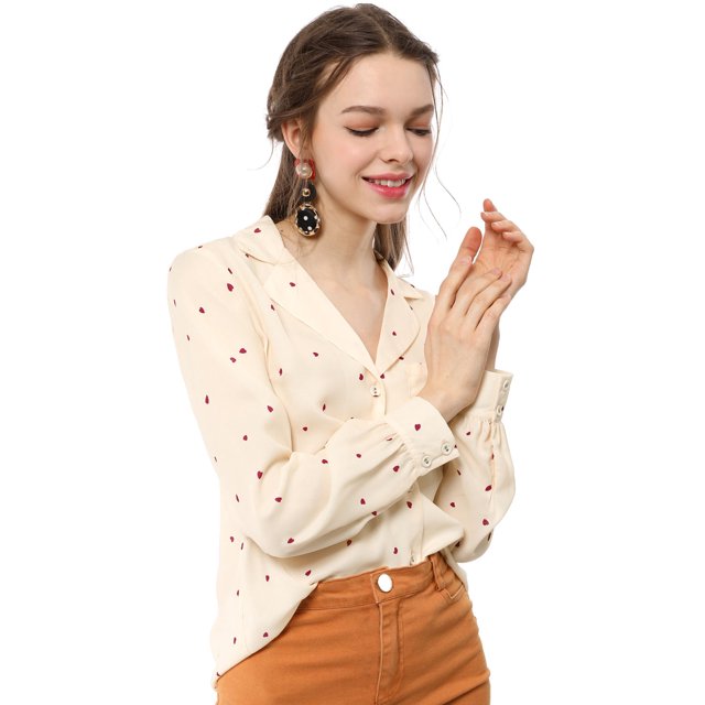 Camisa con Cuello en V y Solapa con Botones y Lunares en Forma de Corazón para Mujer Allegra K Beige XL