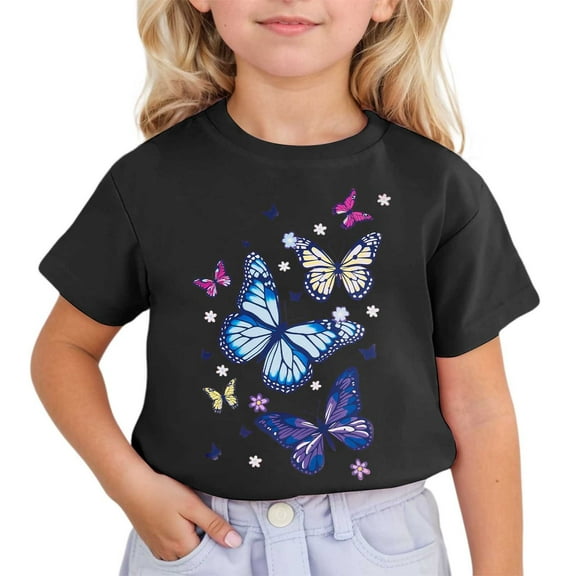 WOYY Toddler Girls Butterfly Print Short Sleeve T-Shirt Summer Casual T Shirt, Sizes 3-13