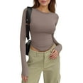 thumbnail image 3 of CCRFTGI Womens Long Sleeve Tops Trendy Cute Crop Outfits Round Neck Fitted Shirts Slim Fit Spring Day Undershirts 2026 Camel XL, 3 of 6