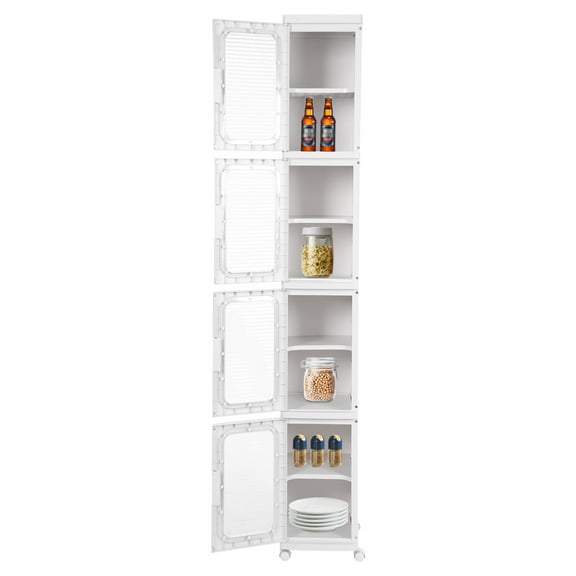 4-Tier Narrow Storage Cabinet, Mobile S-torage Organizer with 4 Universal Wheels, Tall Slim Storage Cabinet with Doors and Shelves for Small Space, Kitchen, Bathroom, Toilet Paper, White