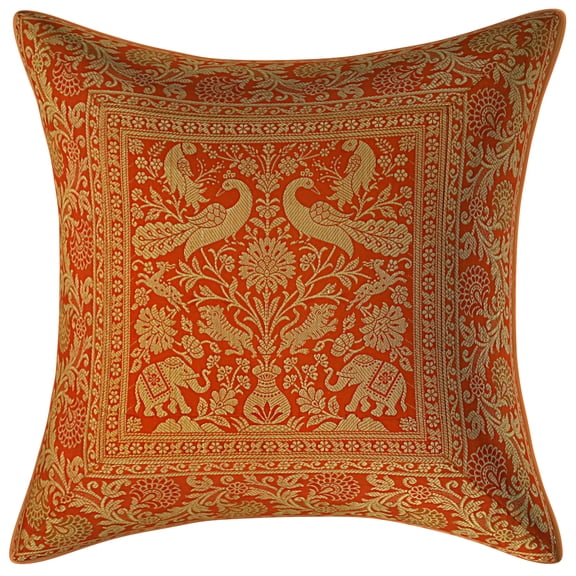 Stylo Culture Indian Chair Seat Throw Pillow Cover 16 x 16 Jacquard Peacock Orange Square 40 x 40 cm Home Decor Brocade Elephant Zippered Cushion Cover | 1 Pc