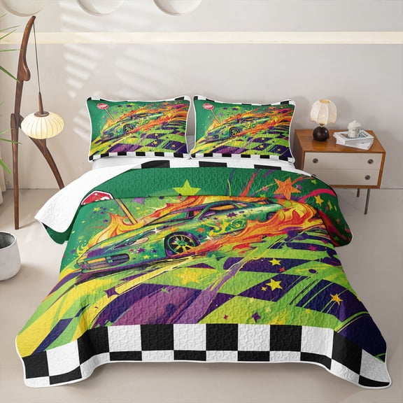 Erosebridal Vintage Green Racing Car Twin Quilt Set for Boys,Cartoon Orange Flames Twin Coverlet Set Teens