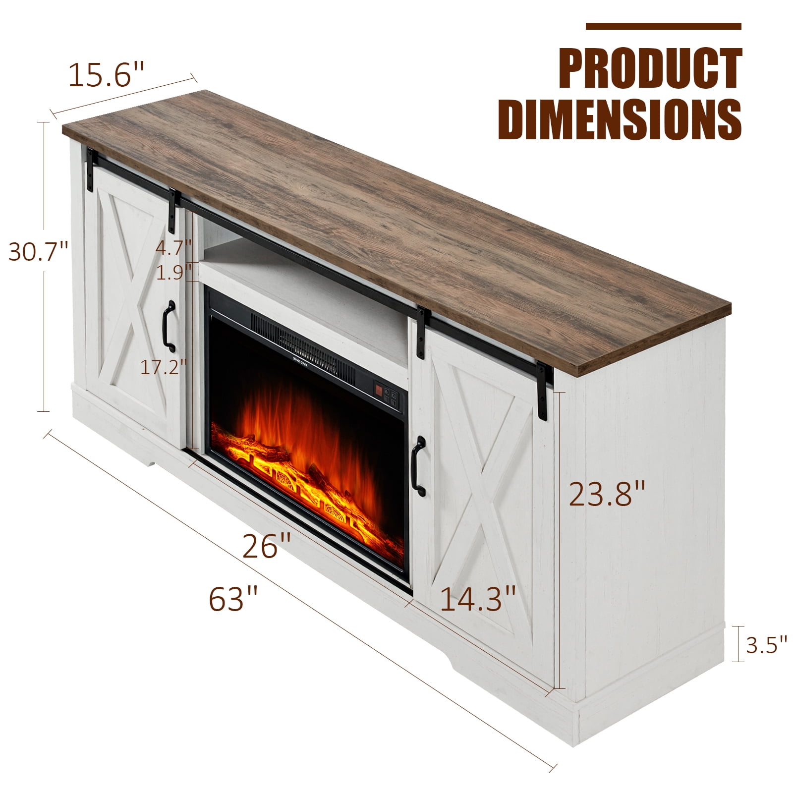 VANACC Fireplace TV Stand with Sliding Barn Door for TVs up to 73", Farmhouse 63" Entertainment Center with Storage Cabinets/Adjustable Shelves, Distressed White & Rustic