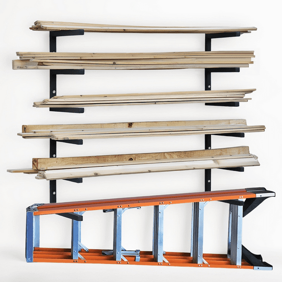 Lumber Rack Wood Storage Racks with 3 Level, Garage Wood Organizer Lumber Storage Rack, Workshop Organizers and Storage Wood Wall Shelving Wall Mounted, Lumber Metal Racks for Indoor (Black-4 Pack)