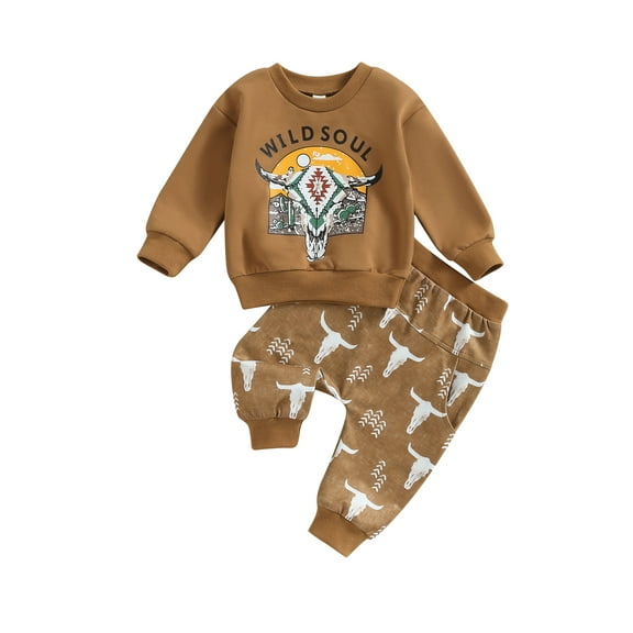 Liacowi Western Baby Boy Clothes Cow Print Sweatshirt Pullover Top Jogger Pants 2Pcs Toddler Boy Cowboy Fall Winter Outfits