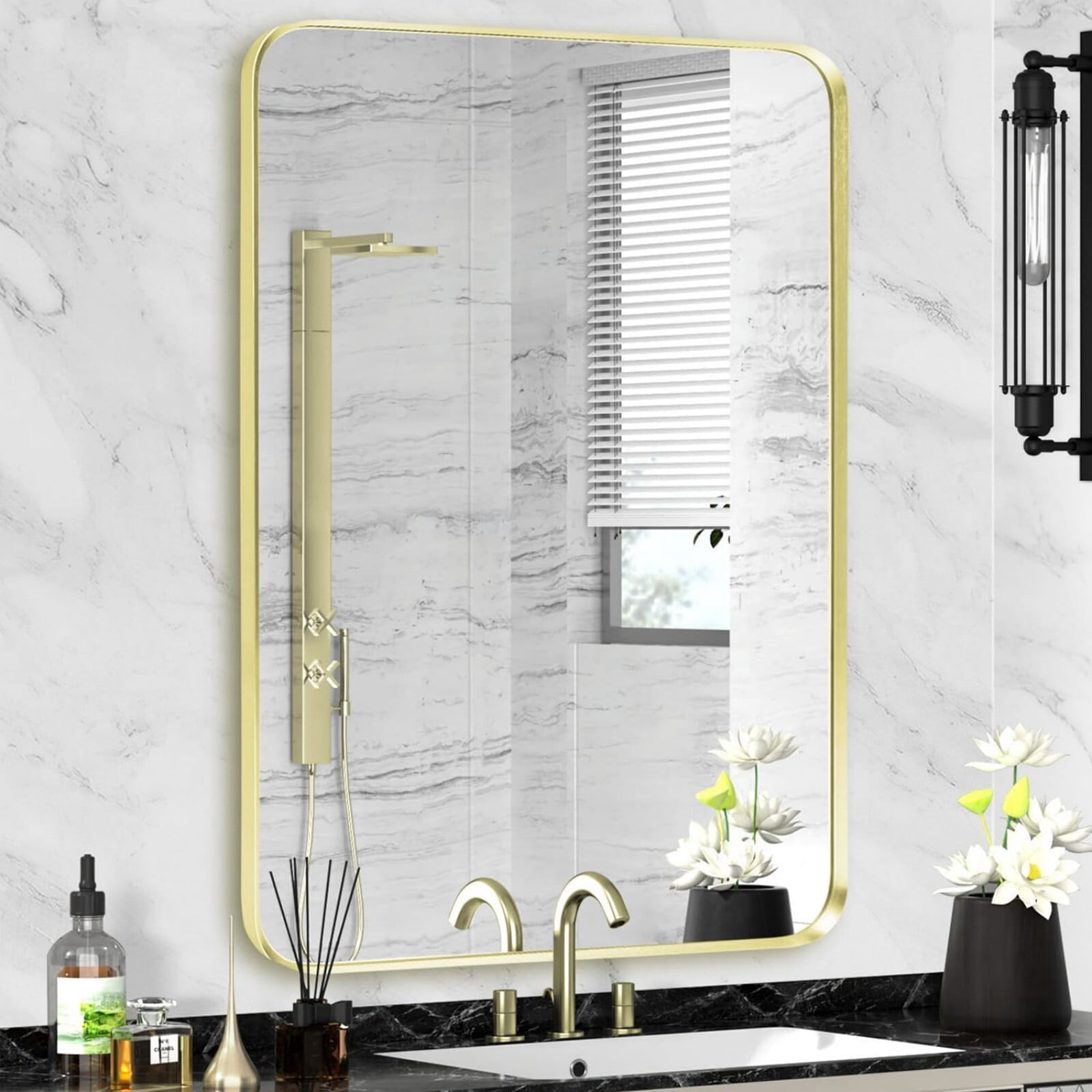 BEAUTYPEAK 26"x 38" Rectangle Bathroom Aluminum Alloy Wall Mirror with Rounded Corner,Gold