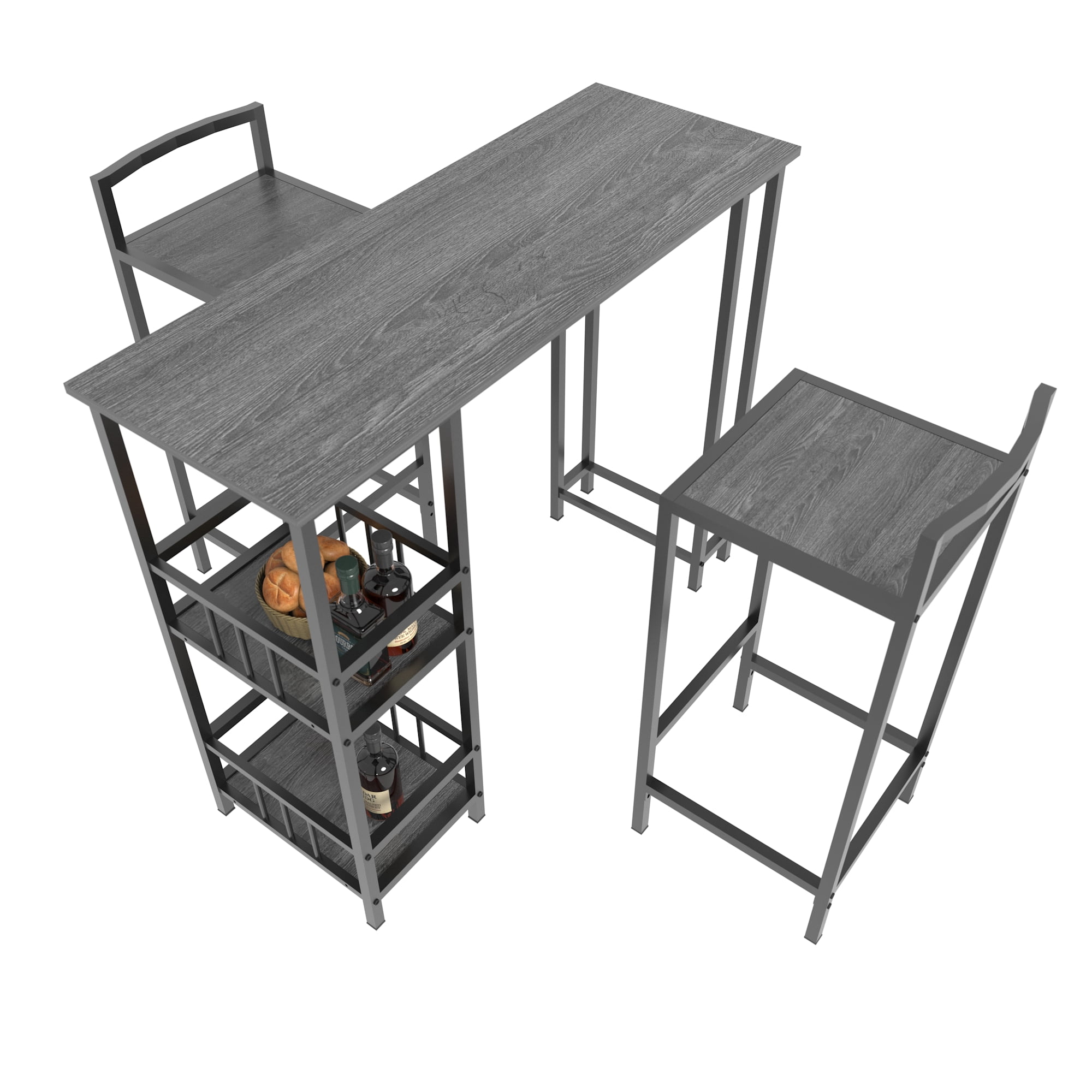 GARITIN 3 Piece Counter Height Bar Table Set with 2 Bar Stools, Rectangular Pub Table with 3 Tier Side Storage Shelves for Kitchen, Walnut Brown