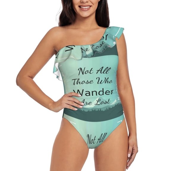 Rateoe Not All Those Who Wander Are Lost1 Pattern Women One Piece Swimsuits Tummy Control One Shoulder Bathing Suits Ruffle Swimwear-