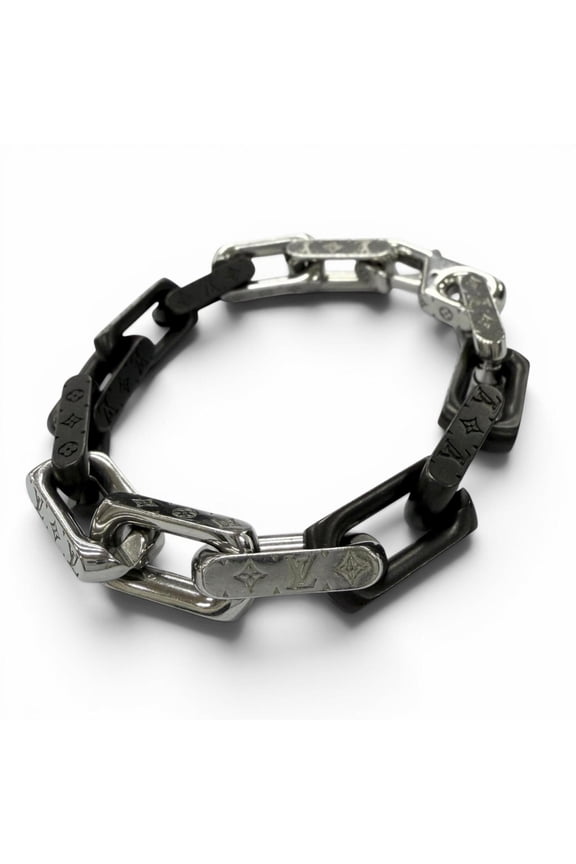 Pre-Owned LOUIS VUITTON M00686 Monogram Chain Bracelet, Silver & Black, Size M, Made in Italy,...