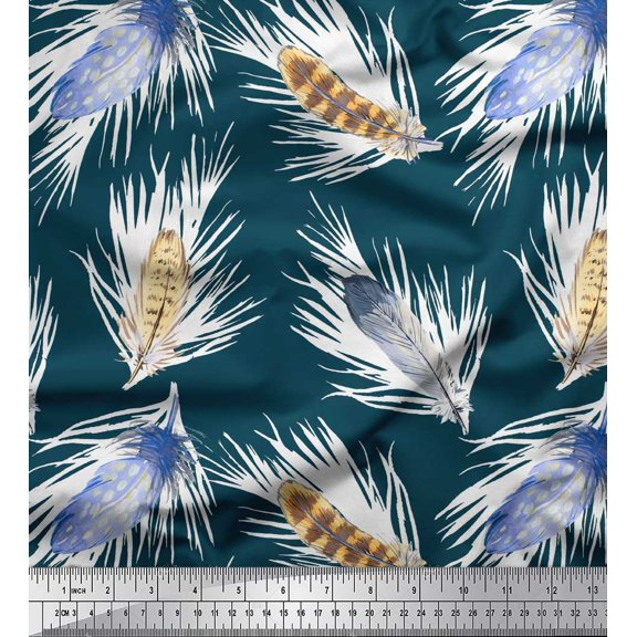Soimoi Blue polyester Crepe Fabric Print Feather Print Sewing Fabric Yard 42 Inch Wide