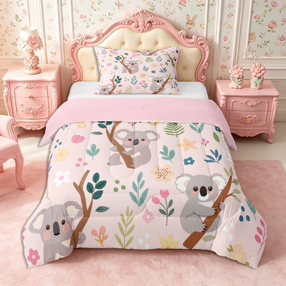 Manfei Cartoon Koala Twin Comforter Sets 2pcs,Floral Animal Bedding Set,1 Comforter and 1 Pillowcase,Reversible