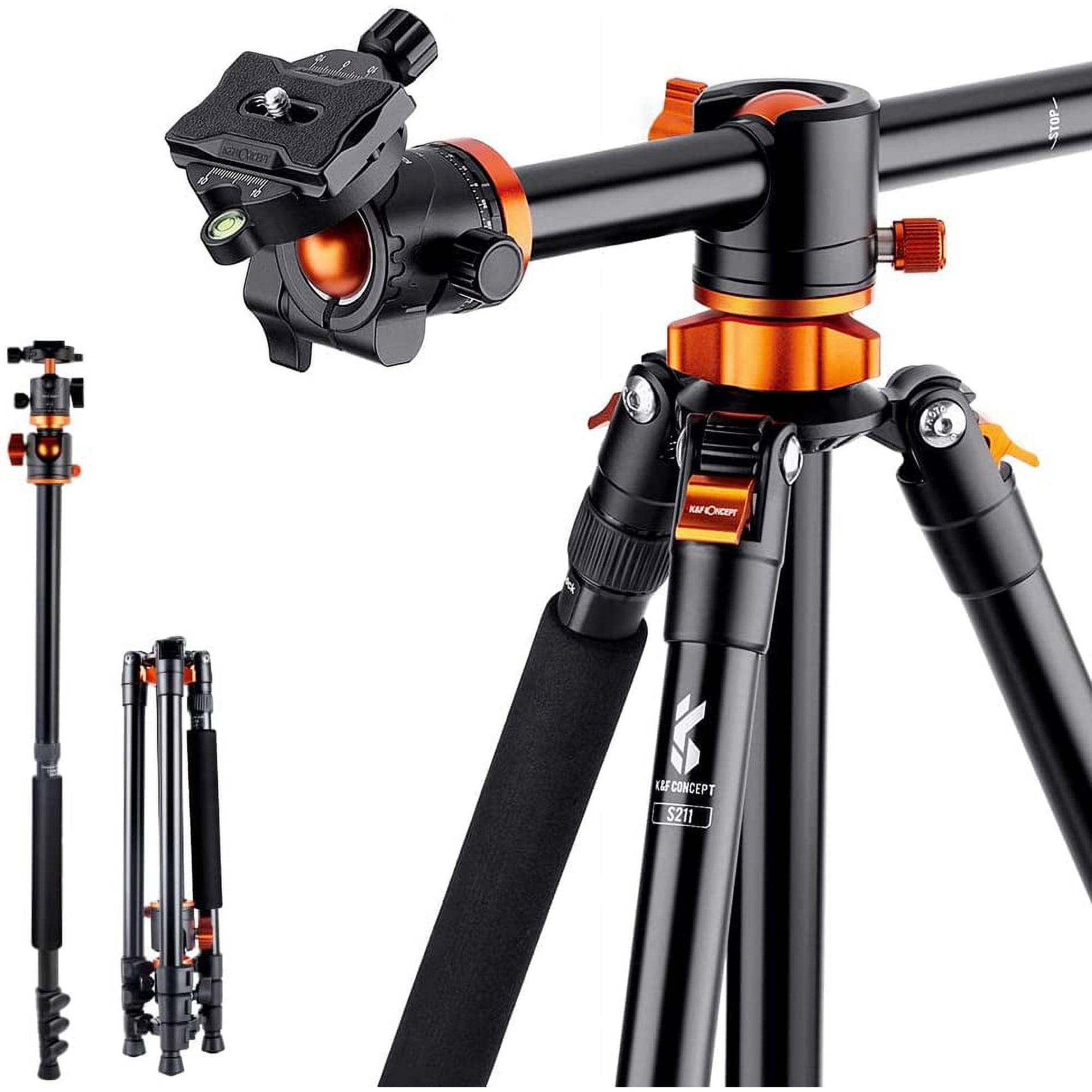 K&F Concept 72" Aluminium Camera Tripod with Transverse Center Column, Detachable Monopod with 360 Degree Ball Head, 10kg Load Capacity DSLR Tripod