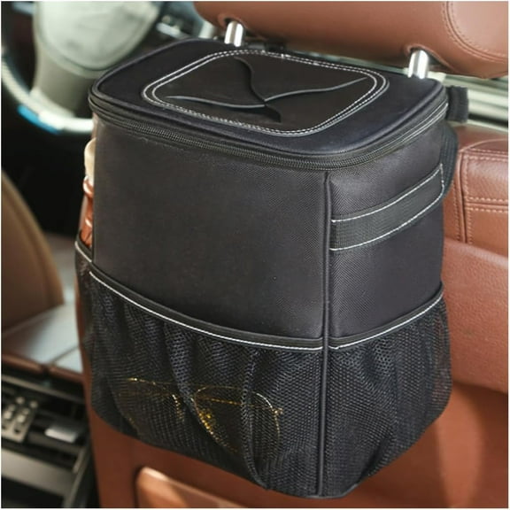 Car Trash Can with Lid and Storage Pockets, Leakproof Waterproof Vehicle Garbage Bin Organizer, Multipurpose Portable Auto Dustbin Container, Universal for SUV, Truck, RV