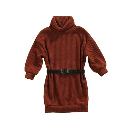 

Sunisery Toddler Baby Girl Casual Dress Solid Color Knitted High-Neck Long Sleeve Loose Skirt with Waist Belt Caramel 2-3 Years