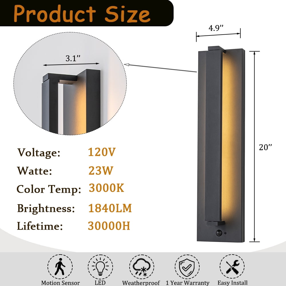 H20" Modern Motion Sensor Outdoor Wall Light 23W Integrated LED Wall Sconce in Matte Black Iron Large Exterior Light Fixture for Porch Garage Patio
