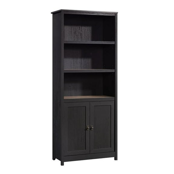 Pemberly Row 3-Shelf Engineered Wood Bookcase with Doors in Raven Oak